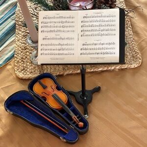 Miniature Violin with Blue Case and Stand